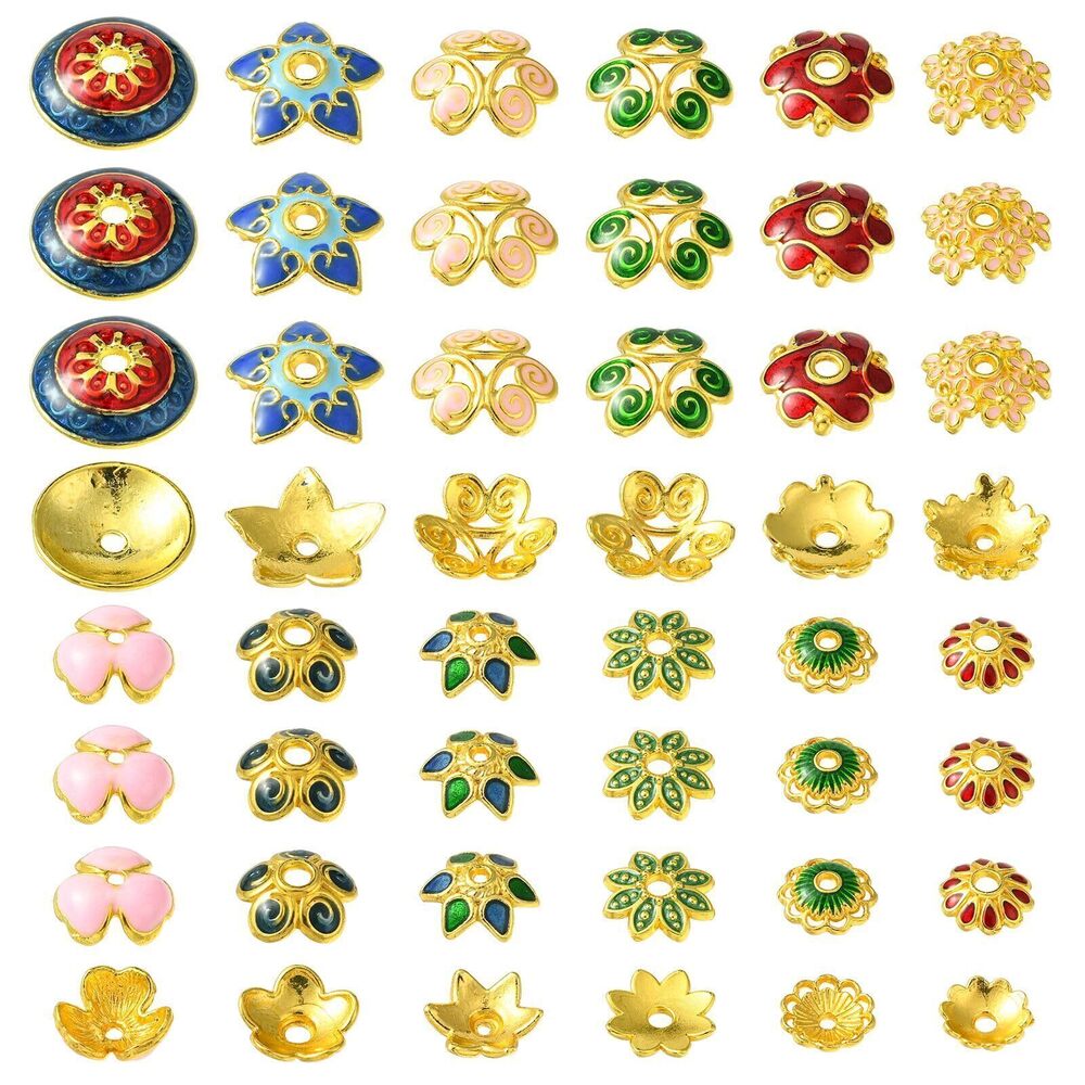 9701 60 Pcs 12 Styles Enamel Flower Bead Caps Daisy Metal End Caps Colorful